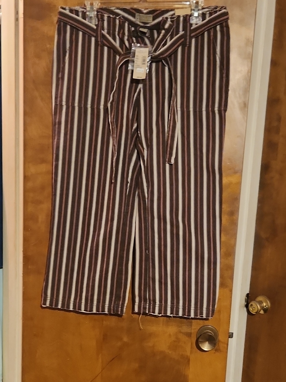 American Eagle Outfitters Brown and White Striped Tie-Waist Wide-Leg Pants